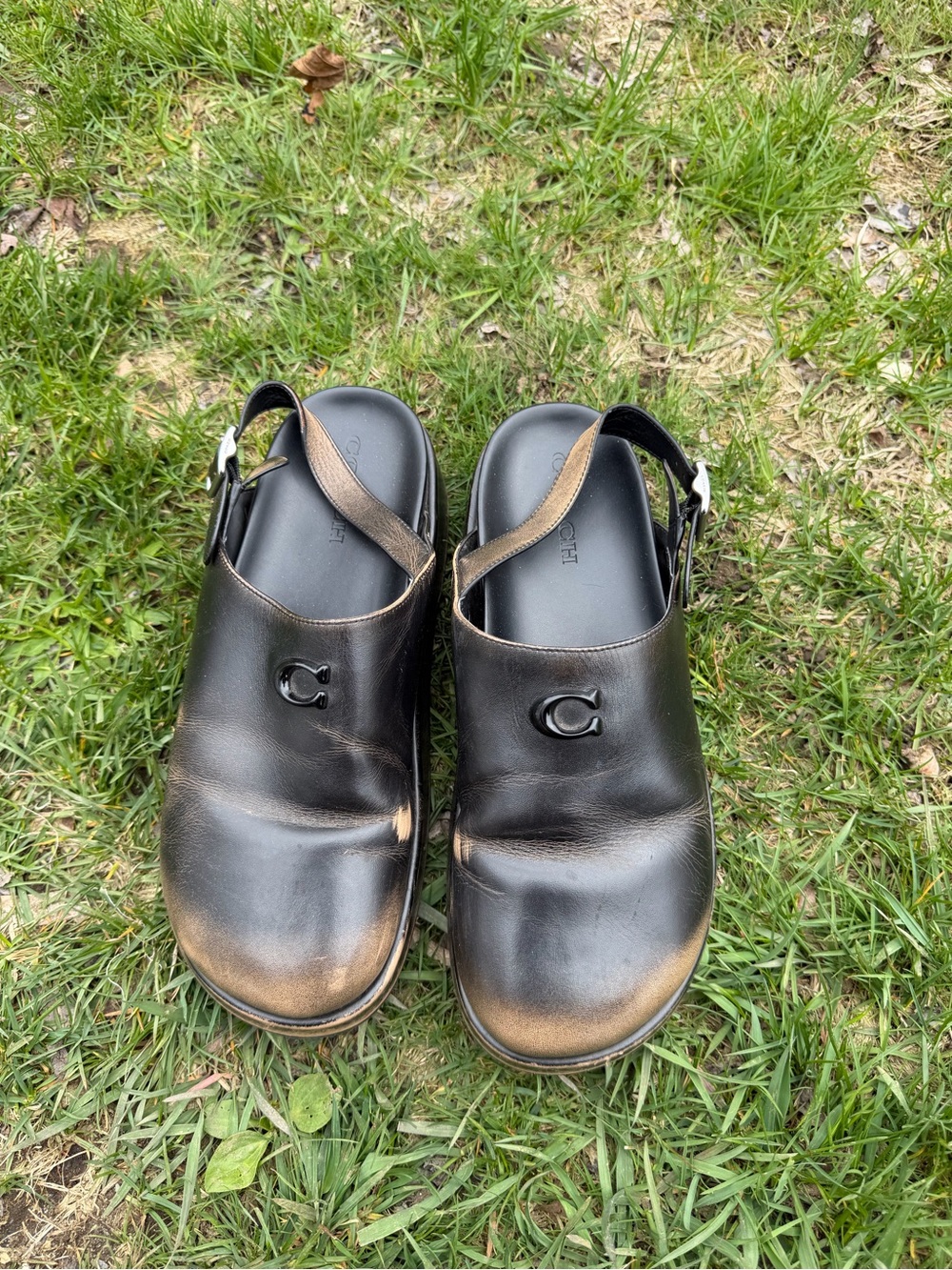 Coach Black Leather Clog Slingback with Distressed Brown Accents